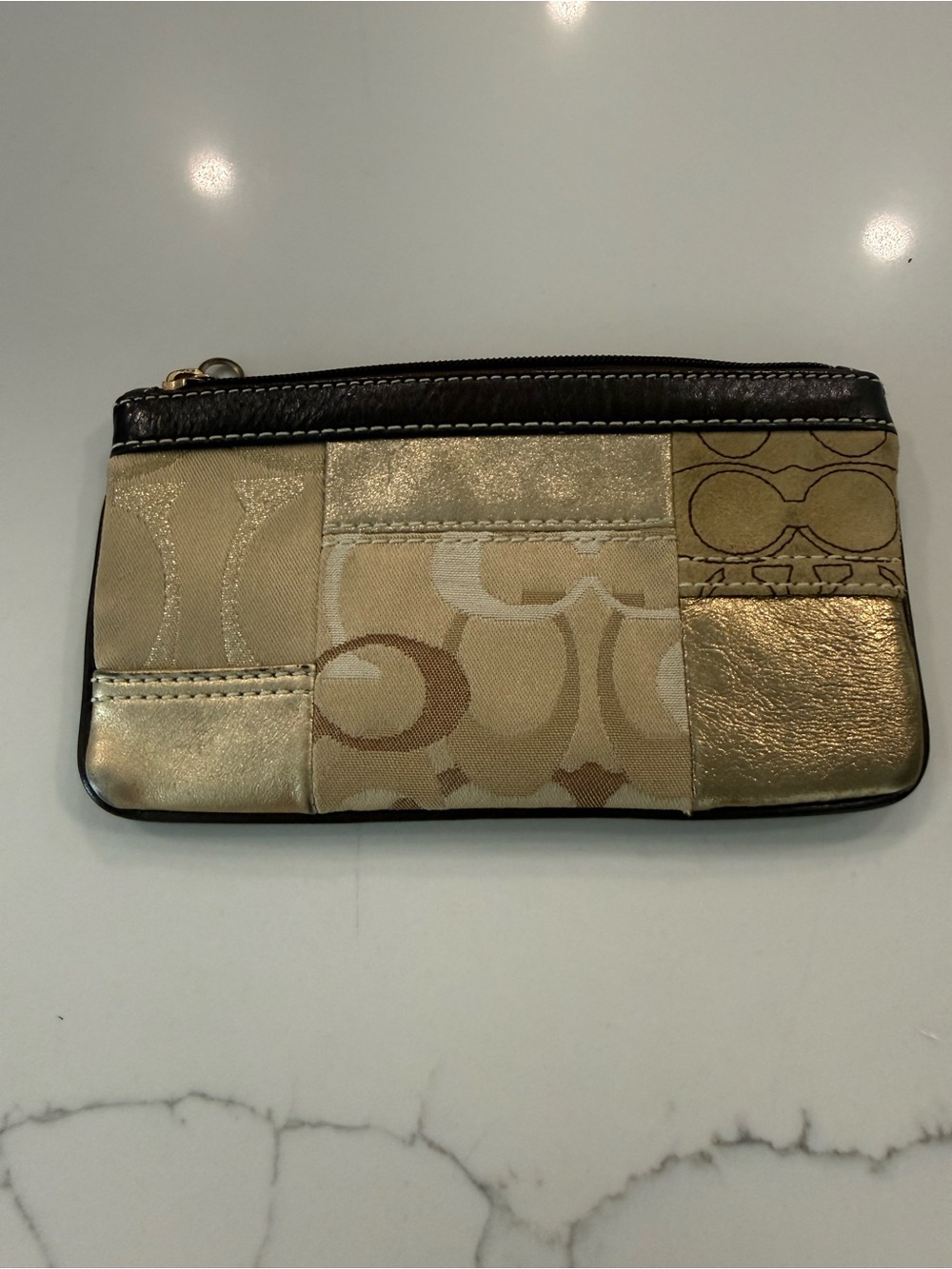 Coach Patchwork Signature Zip Pouch in Gold and Brown